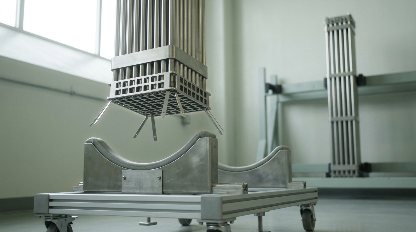 A fuel assembly's lower end being lowered onto a wheeled handling stand, its spacer-grid support straps still splayed a finger's width before seating, a second assembly of visibly different lattice pitch waiting upright on a rack behind it.
