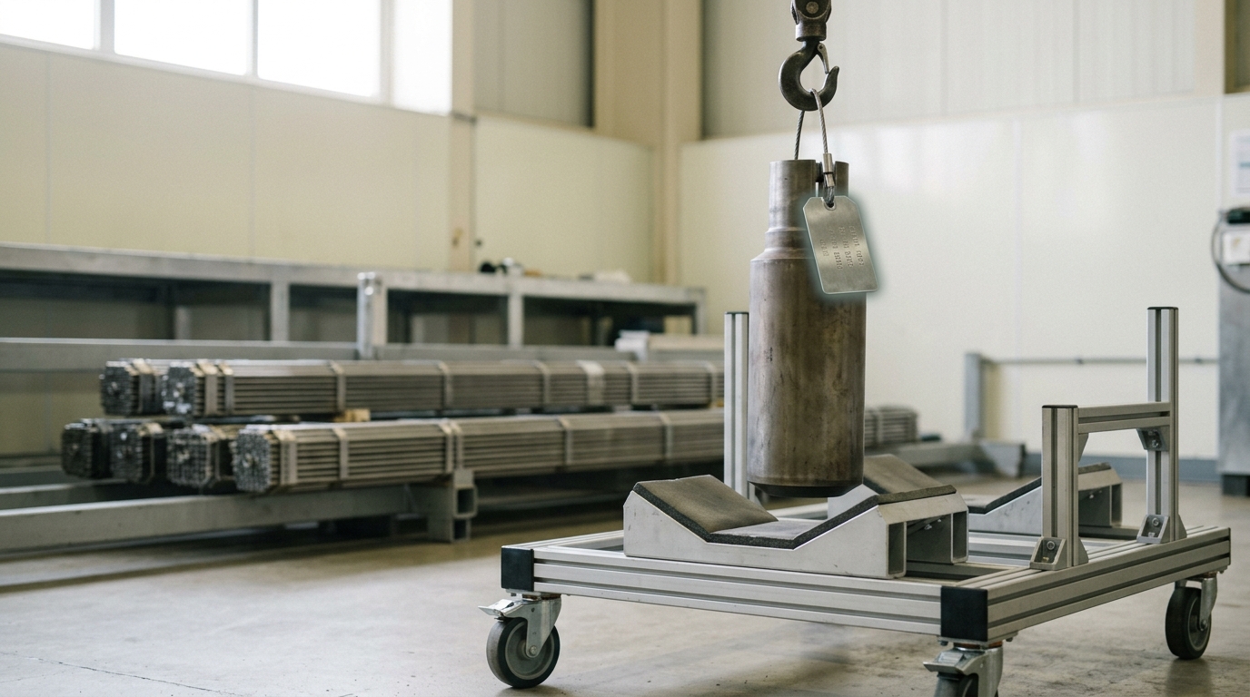 An unusual, thick-clad experimental fuel element suspended a hand's width above the same handling stand, an inspection tag already looped over one end, ordinary rod-bundle assemblies waiting untouched on the rack behind it.