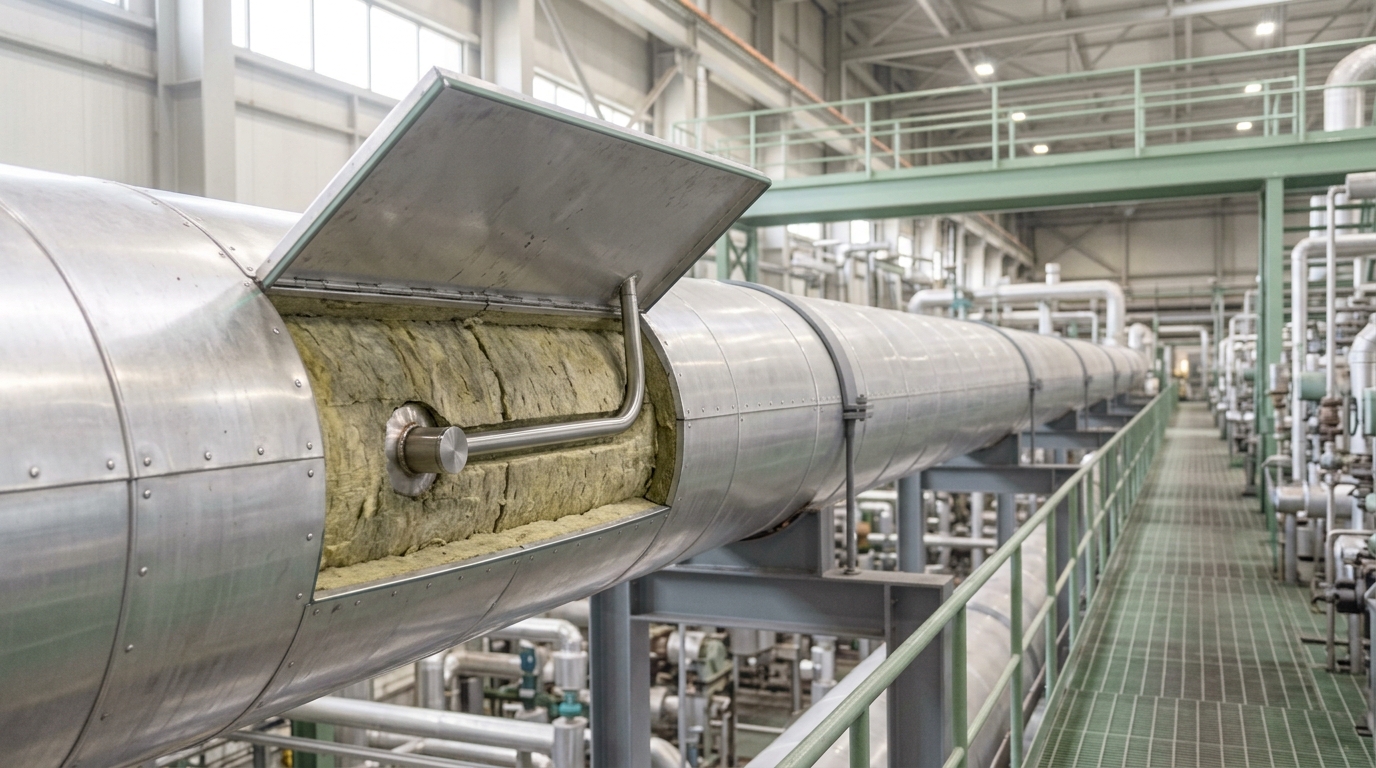 A section of main steam line with one insulation cladding panel unlatched and swung open, a newly fitted instrument boss visible in the mineral wool beneath, the rest of the line already fully clad.