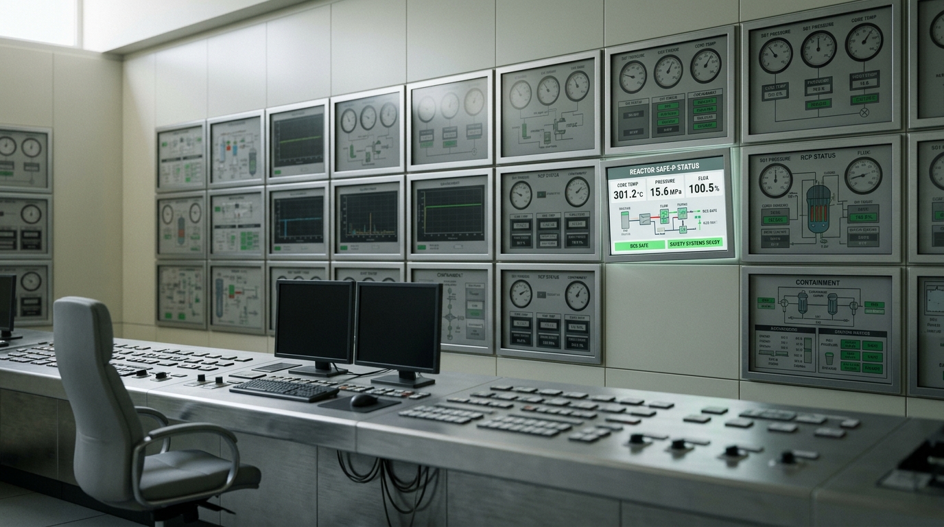 A modern main control room console with an overview display wall partly reconfigured, one safety-parameter tile brighter and freshly relabelled while the tiles beside it still carry the previous layout.