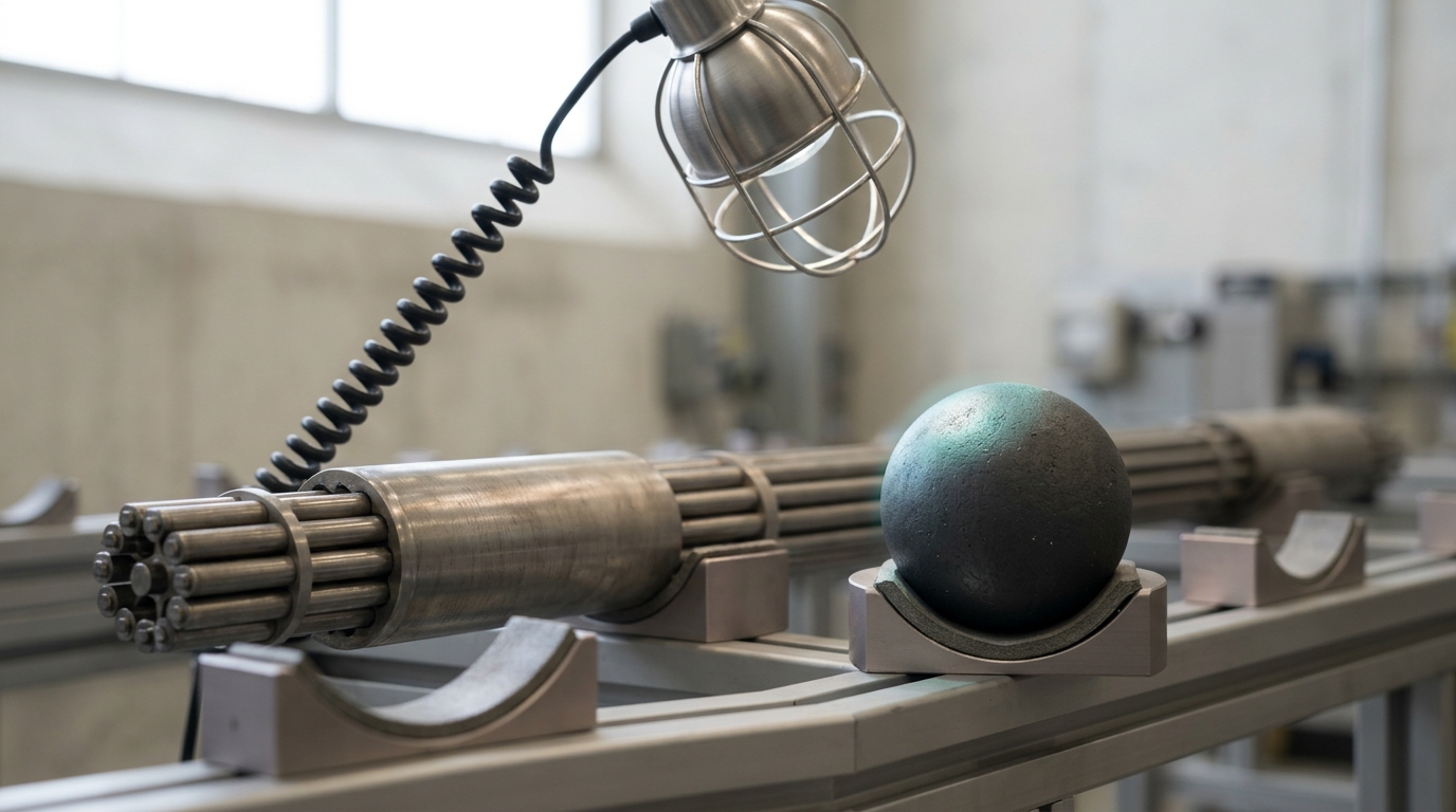 A single graphite fuel pebble resting in a fitted cradle beside the lower end of a conventional rod assembly on the same handling stand, an inspection lamp still swinging faintly on its cable above them.
