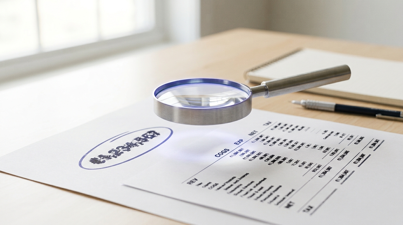 A backlog disclosure printout on a bright desk with one large headline figure circled, a second sheet beside it breaking that same figure into smaller labelled columns, a magnifying tool caught hovering over the breakdown, not yet resting