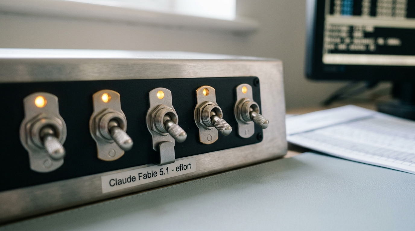 A bank of five physical effort-level toggle switches on the evaluation bench edge, labeled by position from low to max, one switch caught mid-throw between two settings