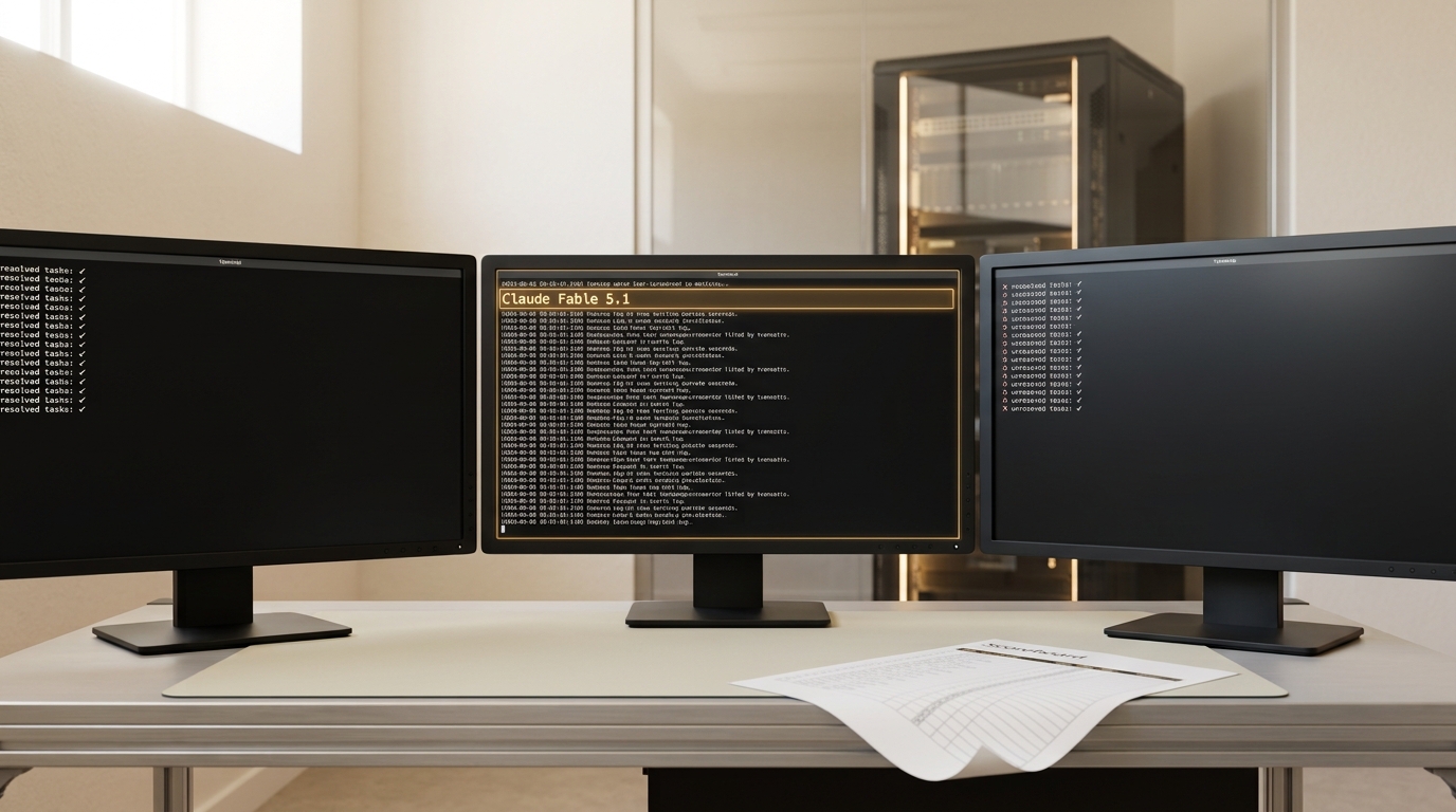 A wide evaluation-lab bench with three terminal monitors running an agentic benchmark harness, one window mid-scroll with "Claude Fable 5.1" visible in its header line, a server rack glowing behind glass at the back of the room