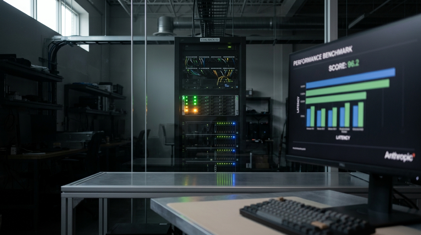 A server rack glowing behind a glass partition at the back of the evaluation lab, one status LED column caught mid-pass through its cycle, a benchmark chart with the Anthropic wordmark faintly visible on a monitor in the foreground