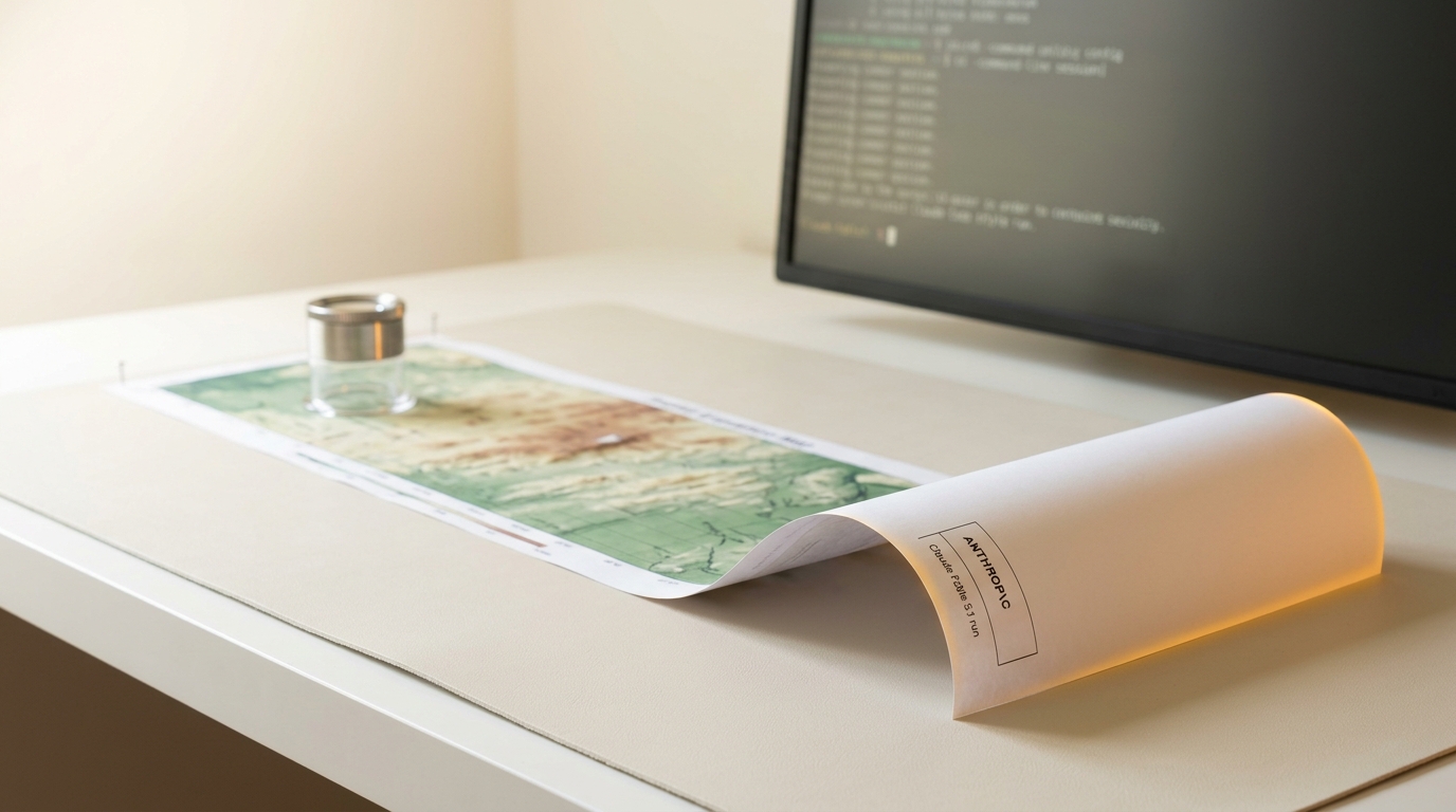 A printed Venus radar elevation strip partly unrolled across the evaluation bench beside a loupe, one section still curling while a terminal screen behind shows a Claude Code session running