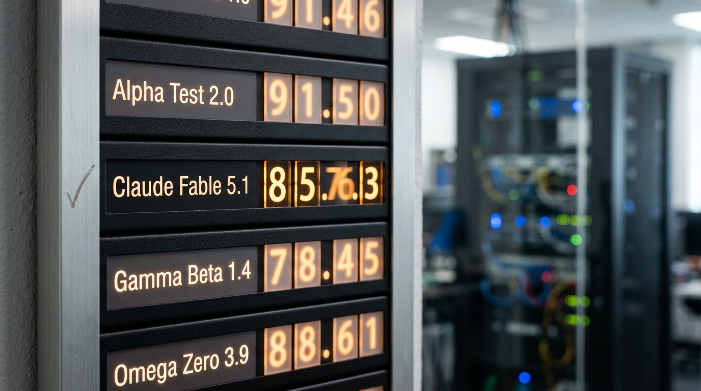 A physical results wall-display in the evaluation lab, one leaderboard row reading "Claude Fable 5.1" caught mid-update as its score digits flicker between two values