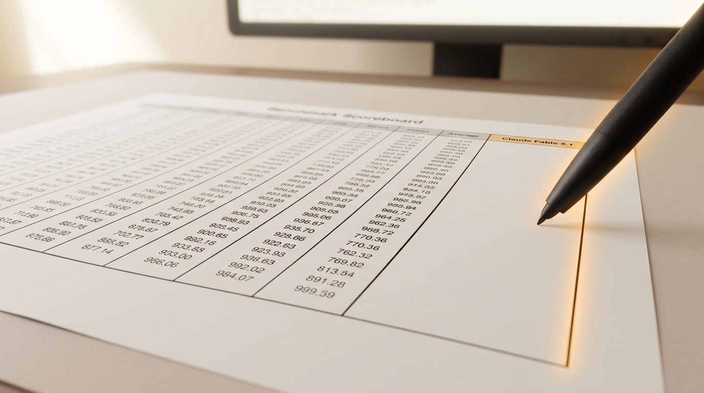 A printed benchmark scoreboard sheet on the evaluation bench with a pen caught mid-stroke over a column left blank, next to filled-in vendor-reported columns