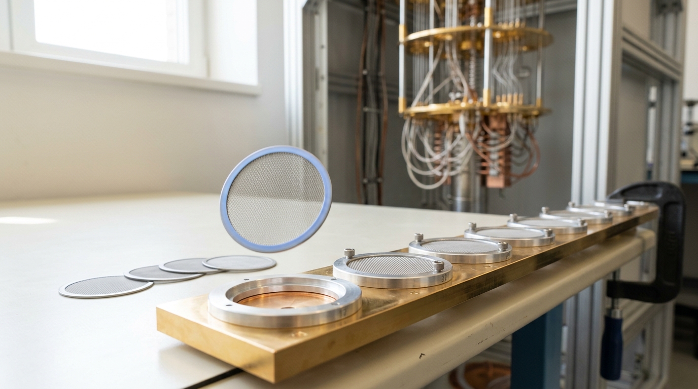 A run of circular metal-mesh filters of steadily finer pitch seated along a gold-plated cryogenic stage, one filter caught in mid-descent above its open retaining ring and several unfitted filters lying on the bench
