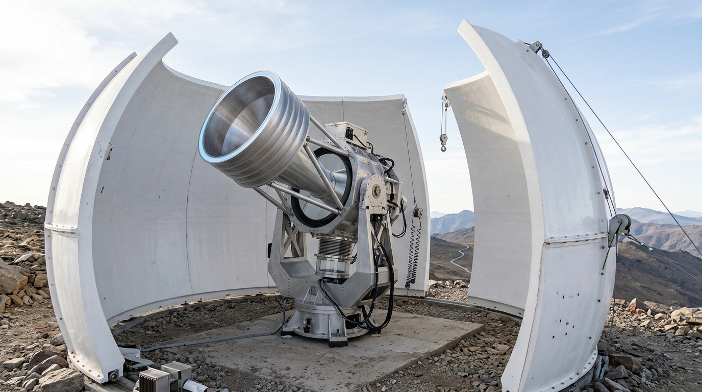 A millimetre-wave telescope standing inside its white gel-coat ground shield in bright high-altitude daylight, one shield panel still rising on its winch line with a narrowing wedge of daylit ground visible through the gap