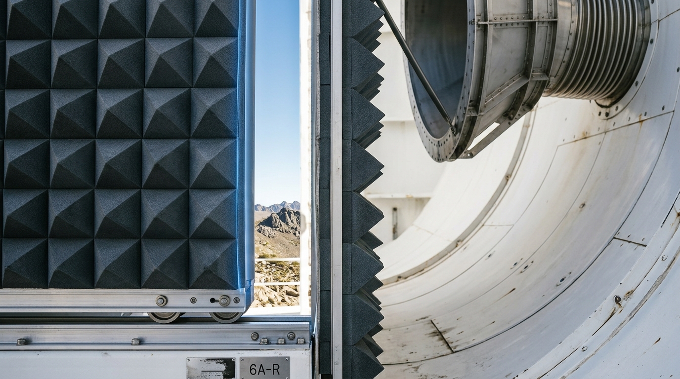 A close view of the lip of a white ground shield where one absorber-tiled baffle section is still short of its neighbour, a narrow bright seam of daylit ground showing through beside the telescope's forebaffle