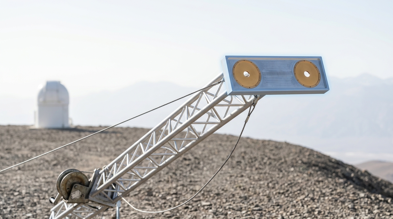 A lattice mast carrying a chopped calibration source, caught partway through being winched upright on a bright ridge, its two apertures held a fixed span apart on a short rigid crossbar