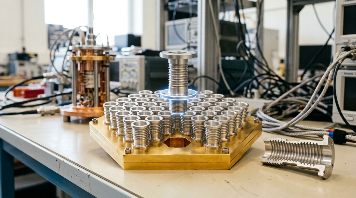 A gold-plated hexagonal focal-plane plate filled with machined aluminium corrugated feed horns, one horn still descending into its open aperture and a sectioned half-horn lying beside it showing its ring corrugations