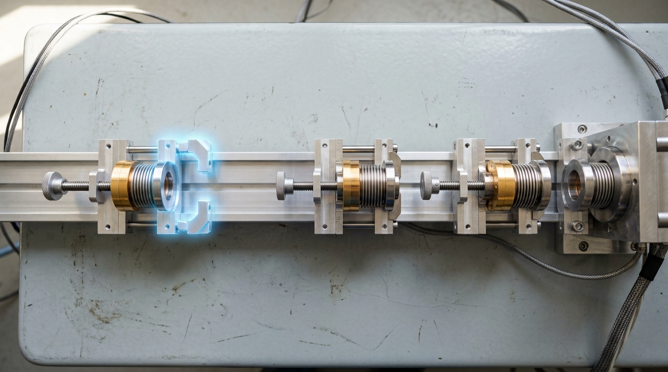 Three near-identical calibration carriages on a machined aluminium rail bench seen from directly above, all aimed at one polished aperture, the nearest caught still sliding and stopped short of the other two