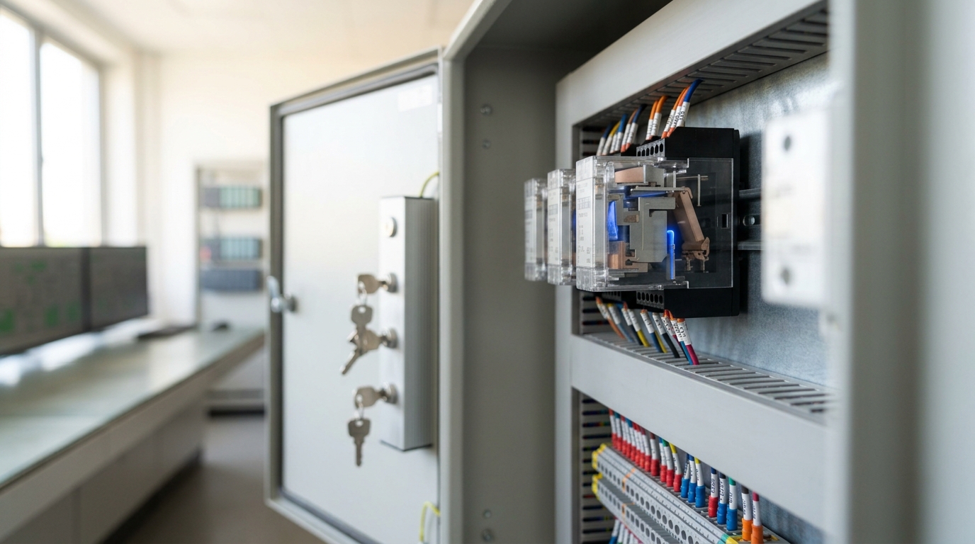 A safety interlock cabinet standing open in a bright control room, one relay armature caught part-way pulled in with its contact gap still open, a console of wide plant-mimic monitors behind it