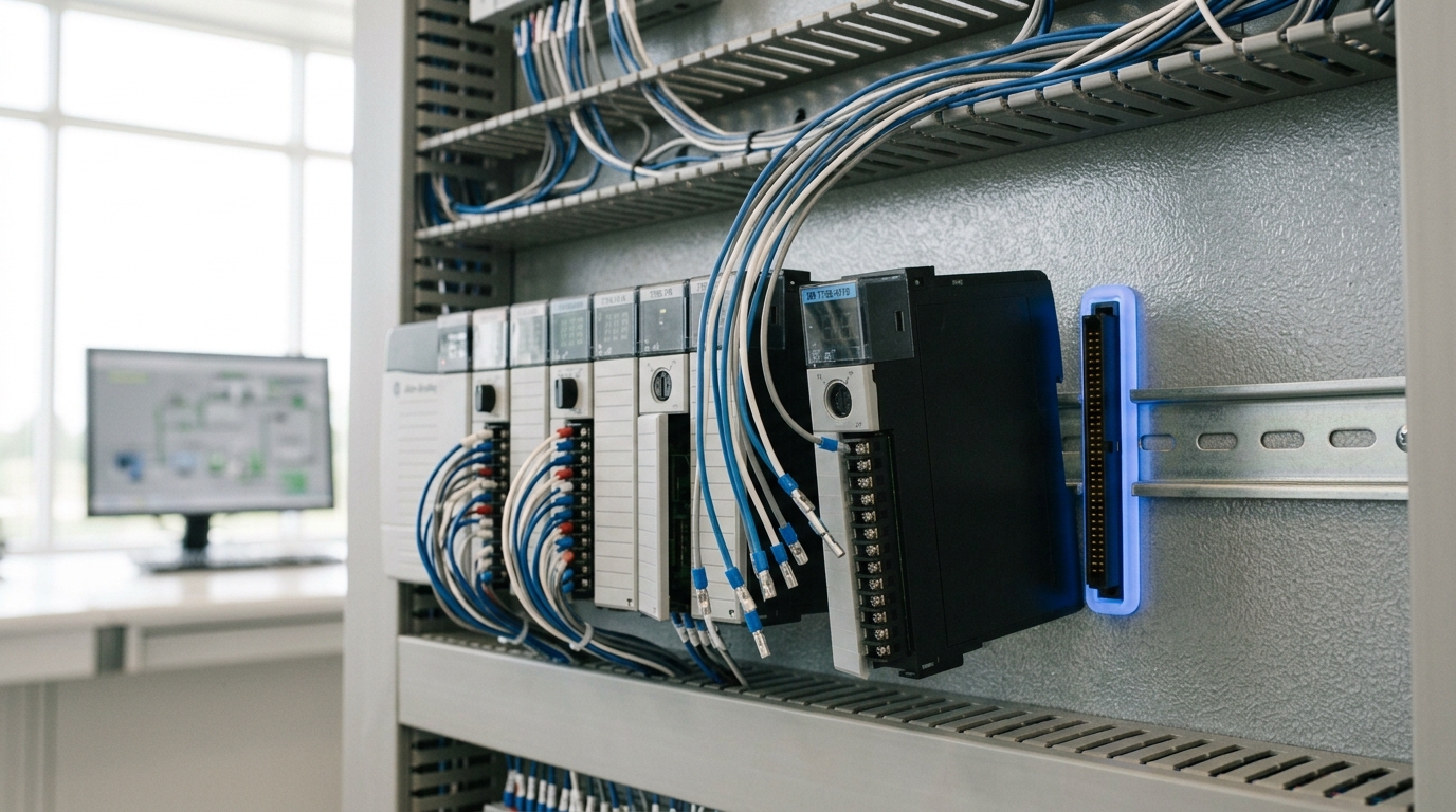 A close view of an open PLC rack with one digital input module caught part-way into its slot, its backplane fingers still short of the mating connector and the field wiring below it hanging slack