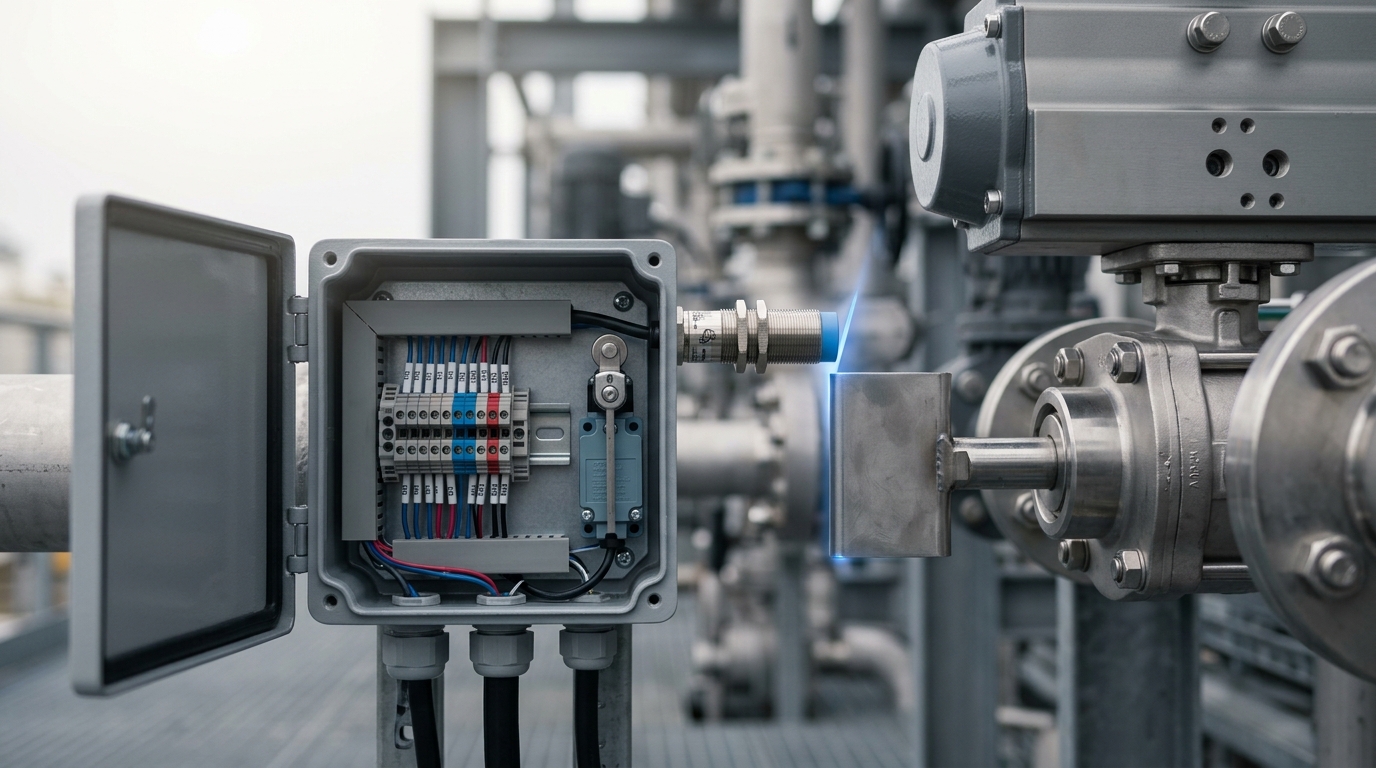 A field junction box open beside an actuated valve, its limit switch roller only part-depressed while a narrow wedge of daylight still shows between the position sensor face and the target flag on the stem