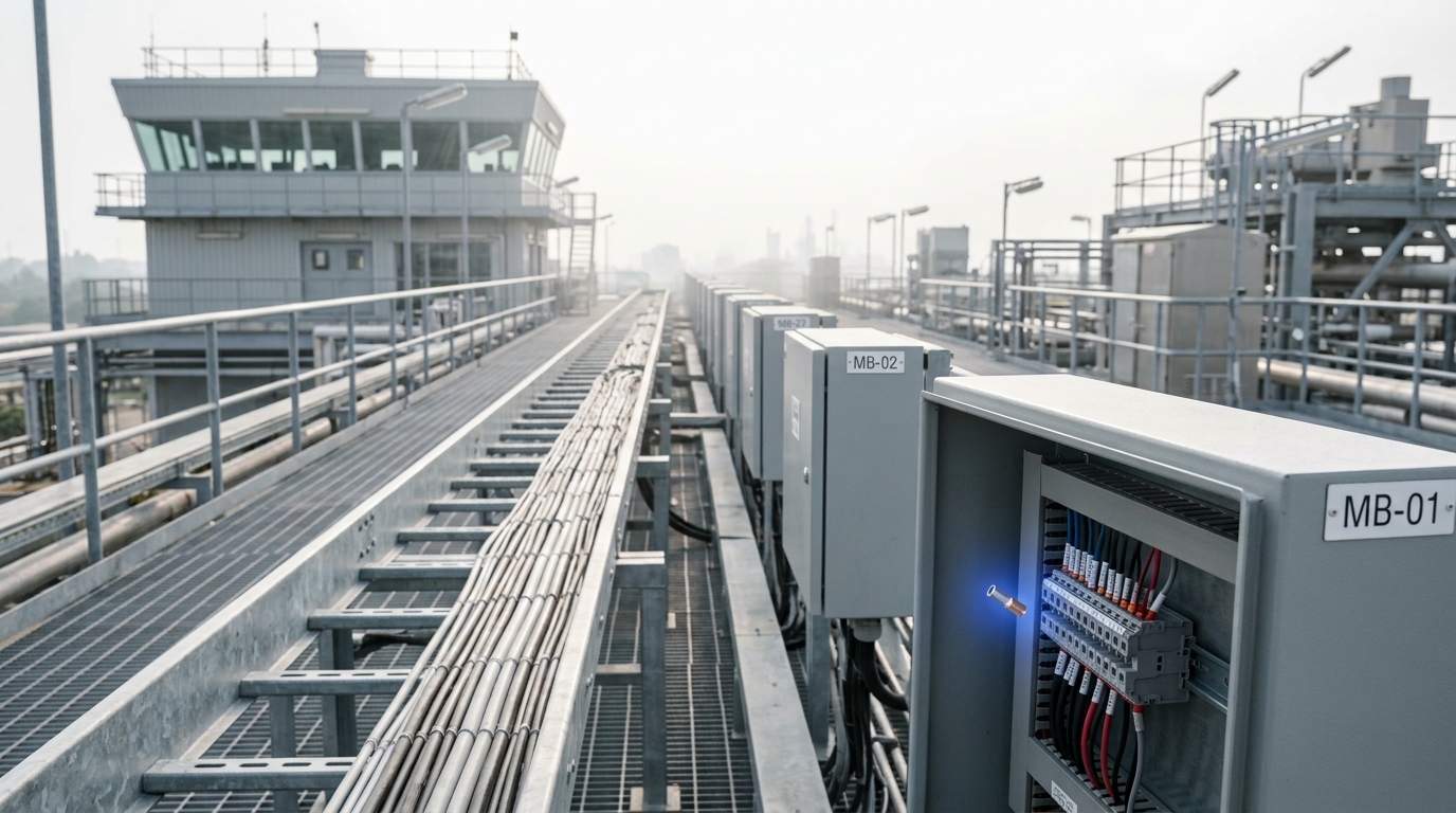 A galvanised cable ladder running away from a control room across a bright plant deck past a receding chain of marshalling boxes, the nearest one open with a ferrule caught part-way into its terminal