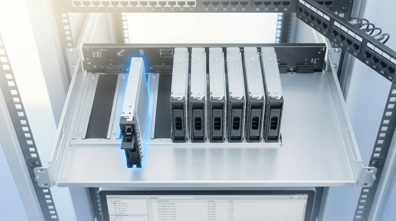 Seen from directly above, a server-rack storage shelf slid out on its rails with one hot-swap drive carrier lifted half clear of its bay and tilted, its latch handle standing open and an empty tray beside it