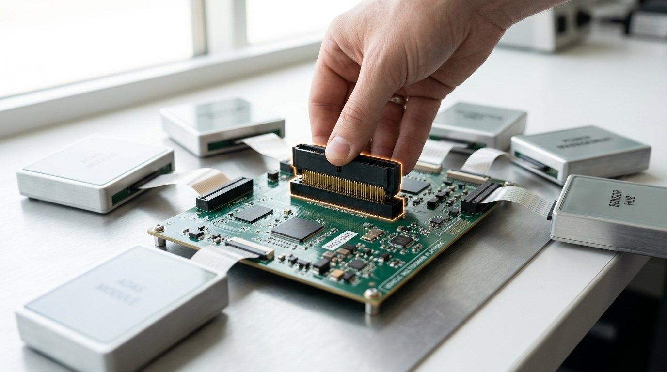 A vehicle multidomain electronics platform mockup on a bright bench, an evaluation board caught being connected to it, several subsystem modules radiating outward from a single central hub