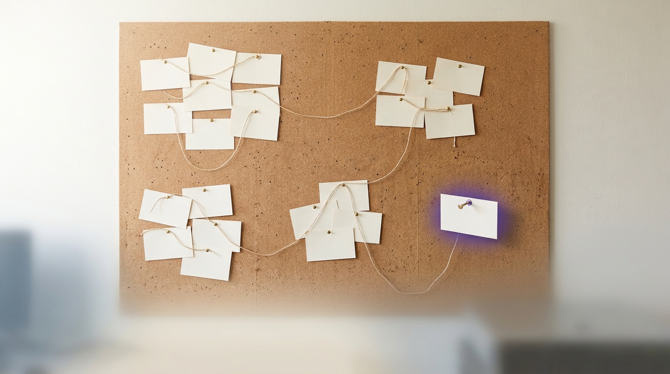 A cork board holding four loose clusters of small blank dated cards linked by waxed string, one card standing proud of the board with its pin only part-driven