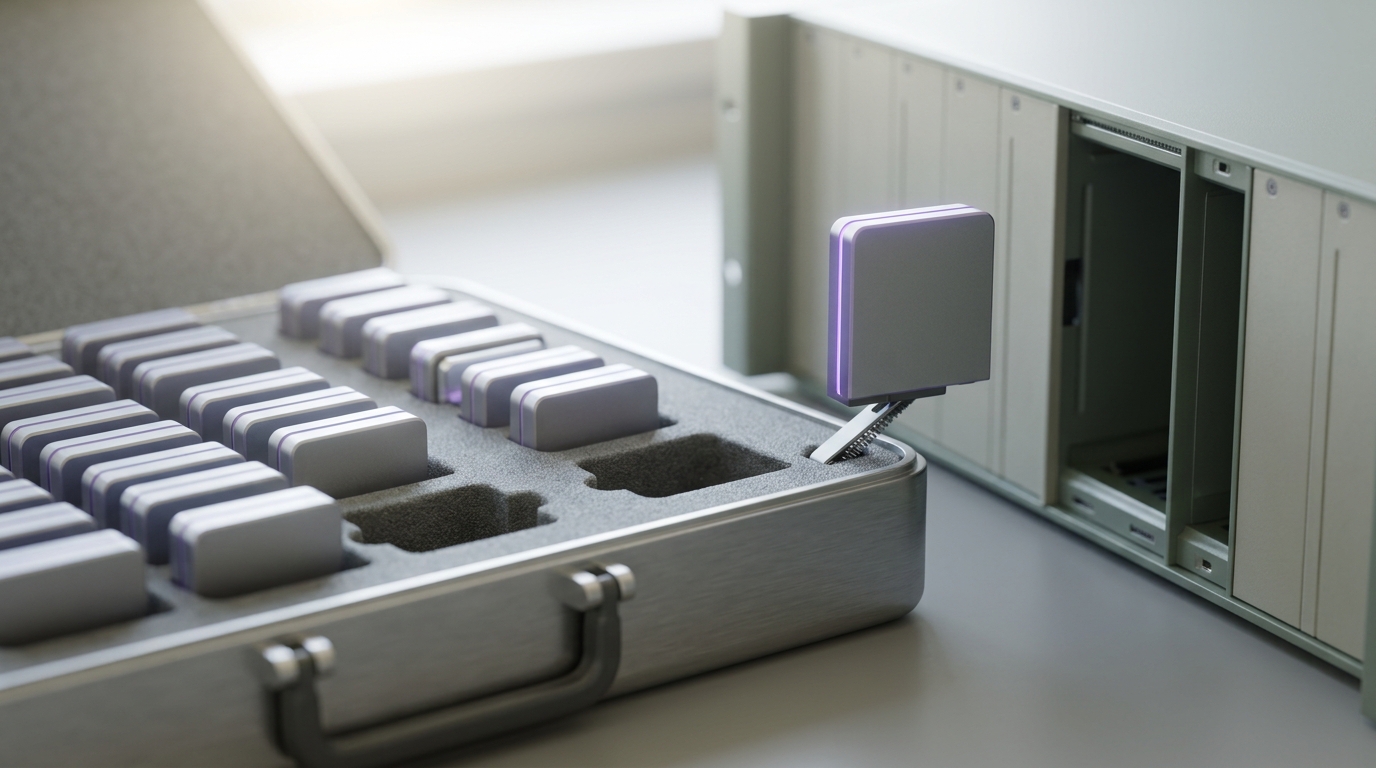 A single index module caught rising on a spring ejector arm above an open foam-lined carrying case, not yet resting in the open rack bay beside it