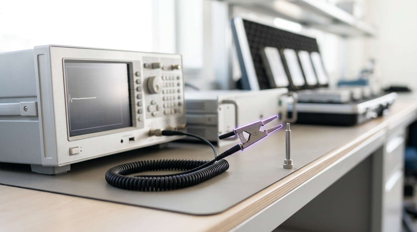A capacity-planning workstation with a coiled test lead caught mid-connection to a bench test point, its spring clip jaw still open, beside a matte screen holding a part-drawn telemetry trace