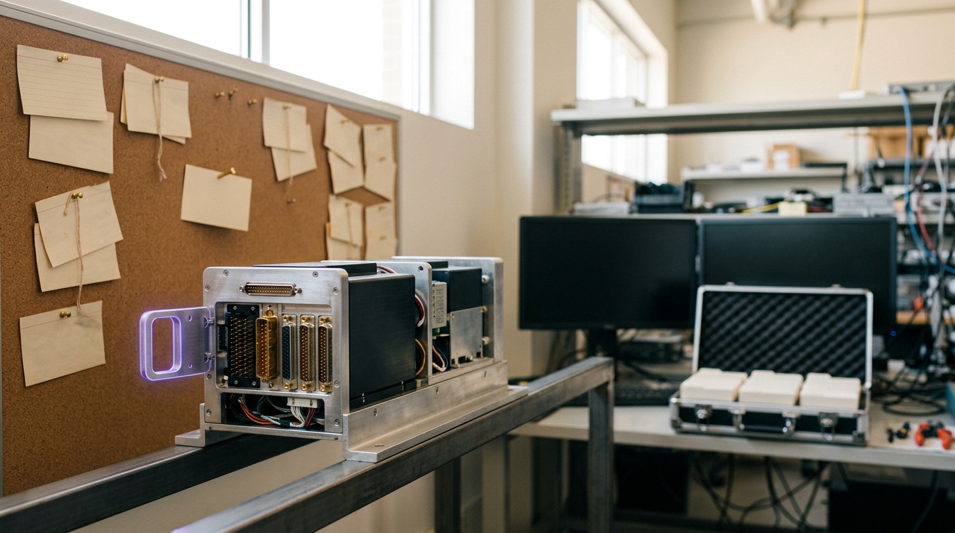 A prototype retrieval appliance sled caught half-seated on its bench rails in a bright systems evaluation lab, a cork board of loosely pinned dated cards visible on the wall beyond