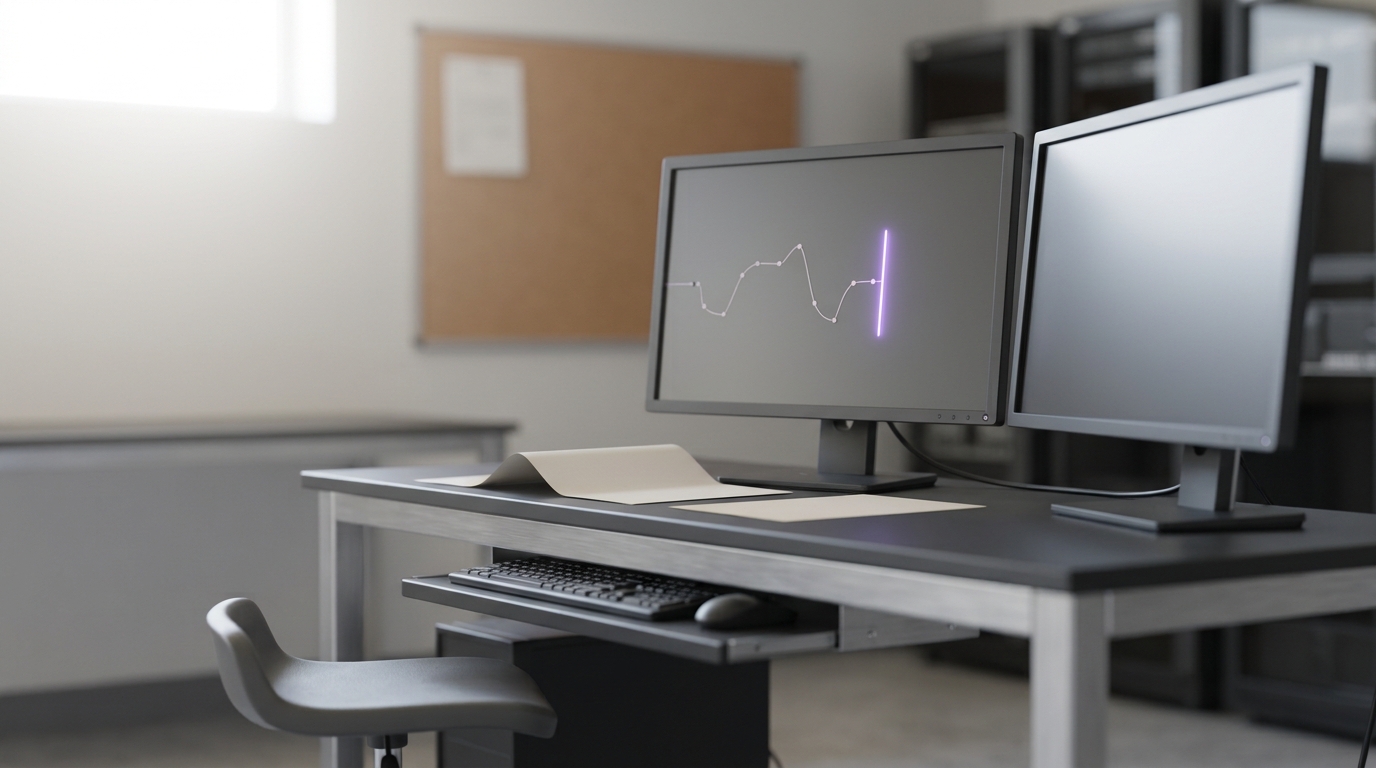 A capacity-planning workstation with a matte screen holding a part-drawn telemetry trace, a stool pushed back from the bench and a folded printout left open beside the keyboard tray