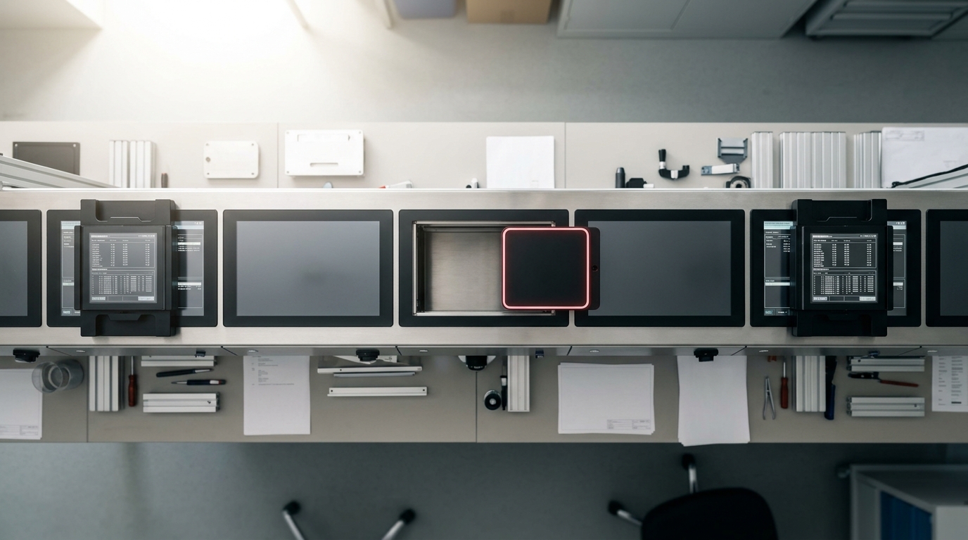 A long workstation bench seen from directly above with a row of flat screens along it, retrieved passage blocks held on the two end screens and a gap open in the middle where one block is caught half drawn at an edge
