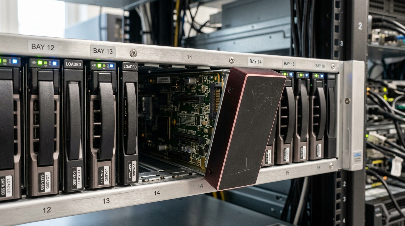 A blank filler panel standing among identical loaded drive caddies in a storage array, caught tipping forward out of the row with the empty slot behind it only just opening