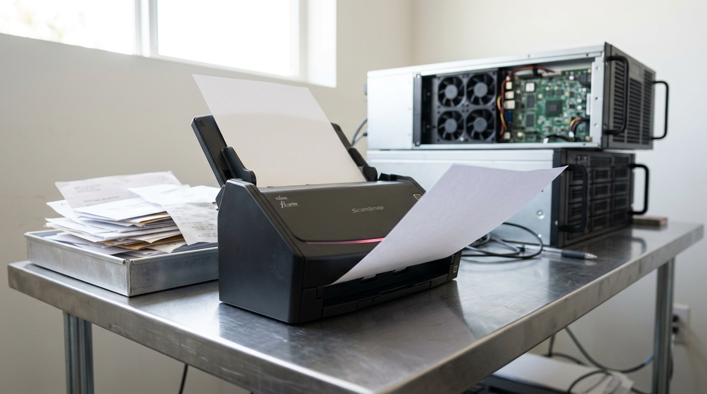 A sheet-fed scanner with a single unchecked sheet caught halfway into its feed slot, a staging tray of unsorted source documents beside it and an index-build cluster with one fan tray part-slid out behind