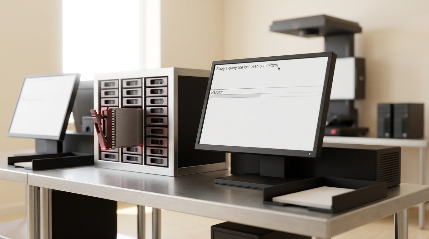 A retrieval workstation in a bright scanning facility, its screen showing a query line just committed above an empty results pane, with a storage array behind it and one drive caddy caught part-way out on its rails