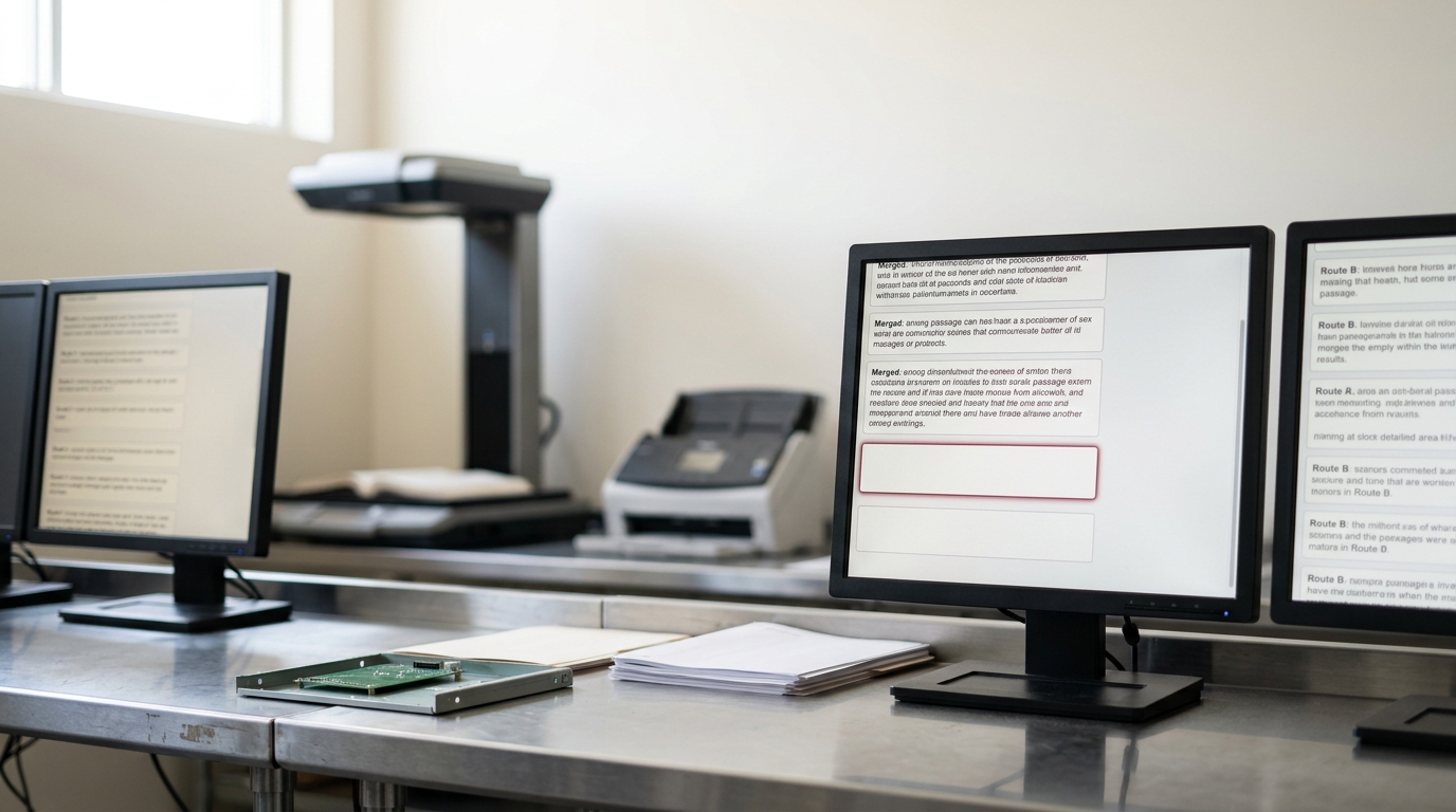 Two ranked lists of retrieved passages on separate screens at one workstation bench, with a third screen between them part-way through merging the two and one slot in the merged column still empty