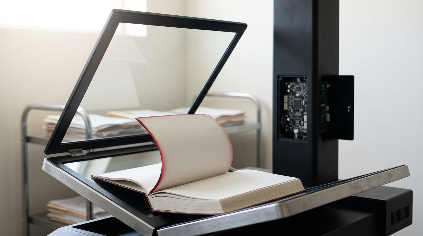 A production overhead book scanner with a thick document open in its V-cradle, one page caught part-turned and still curved in mid-air while the glass platen stands lifted above it