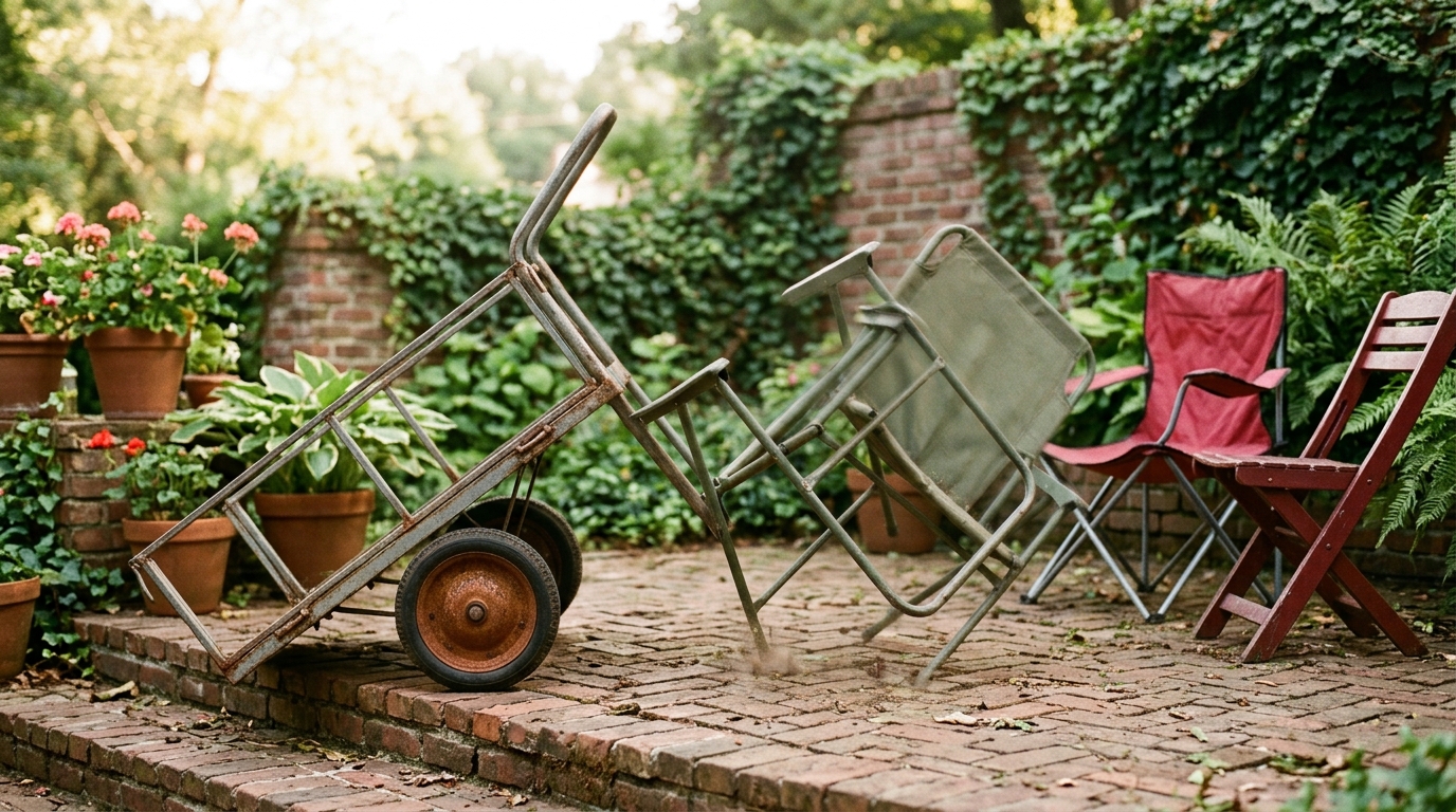 A tipped wheeled utility cart at the edge of a brick patio, one decoy chair sliding off mid-fall near a red camping chair and a second, already-placed red chair