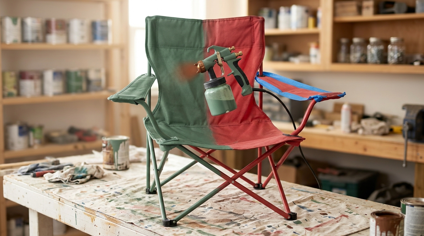 The same red camping chair partway through repainting, masking tape on one arm, a paint sprayer paused mid-stroke with one panel still original red
