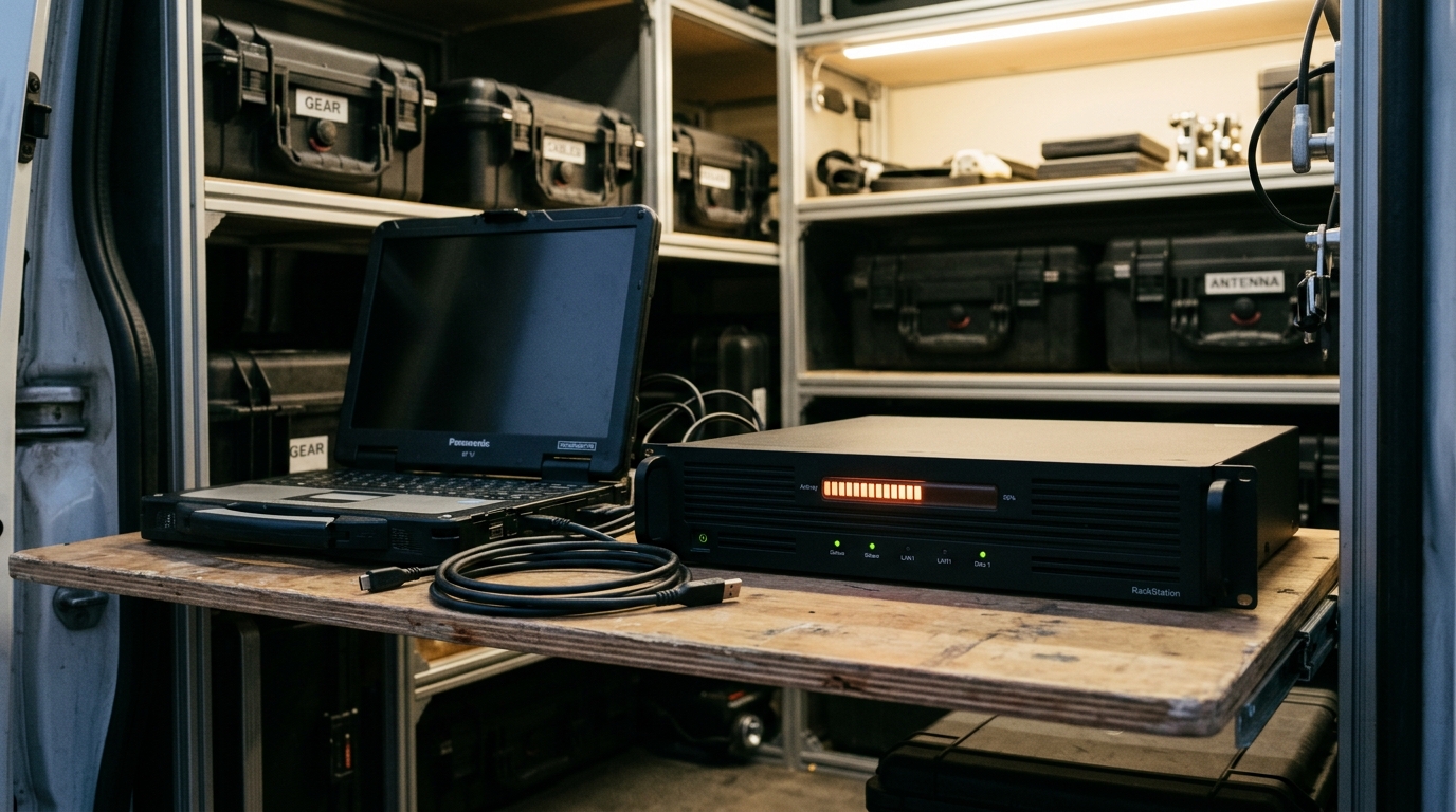 A flight-log laptop and a NAS drive on a fold-down desk inside a field van, a data-transfer progress indicator frozen mid-fill