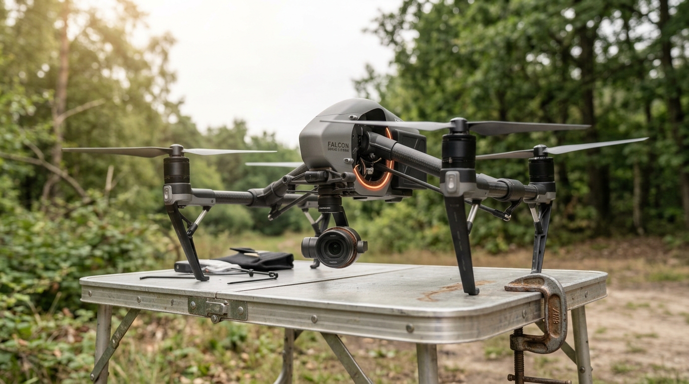 A quadrotor with a gimbal-mounted camera on a folding field workbench at a woods clearing's edge, its four propellers caught mid-spin-up before liftoff
