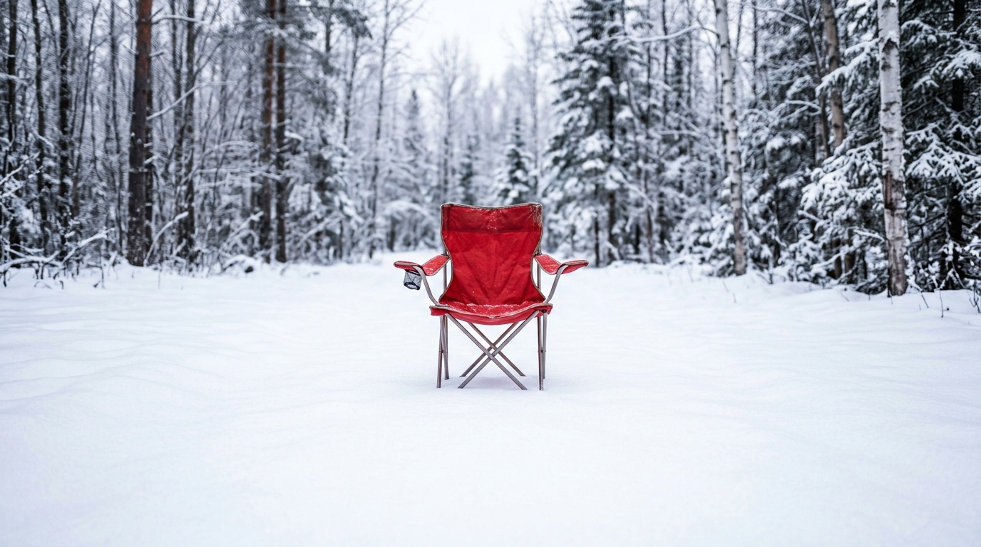 A red camping chair alone in a snow-covered woods clearing, a drone's shadow just touching the edge of the frame
