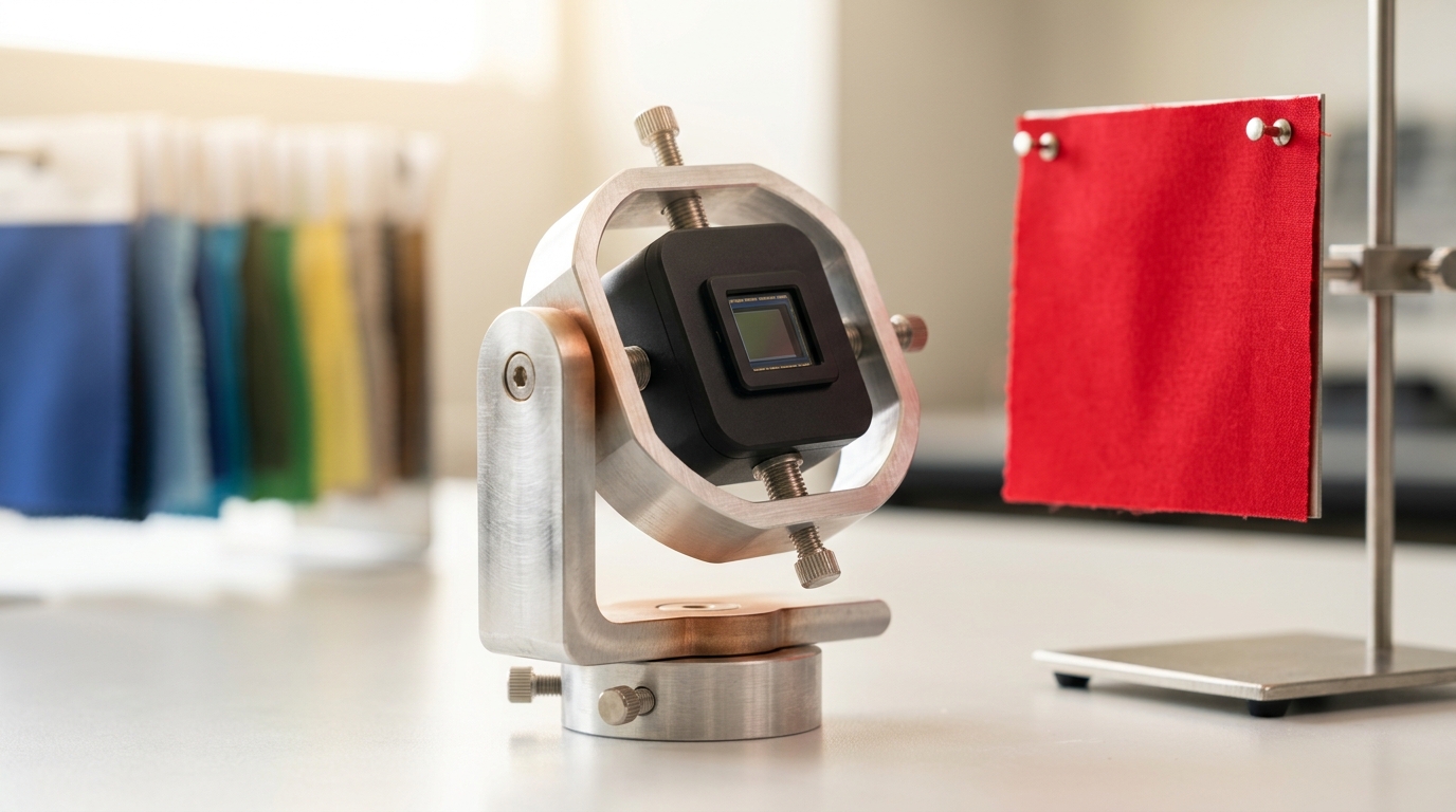 A small bench-mounted gimbal rig with a color-filter sensor aimed at a swatch of red fabric, the gimbal caught mid-turn