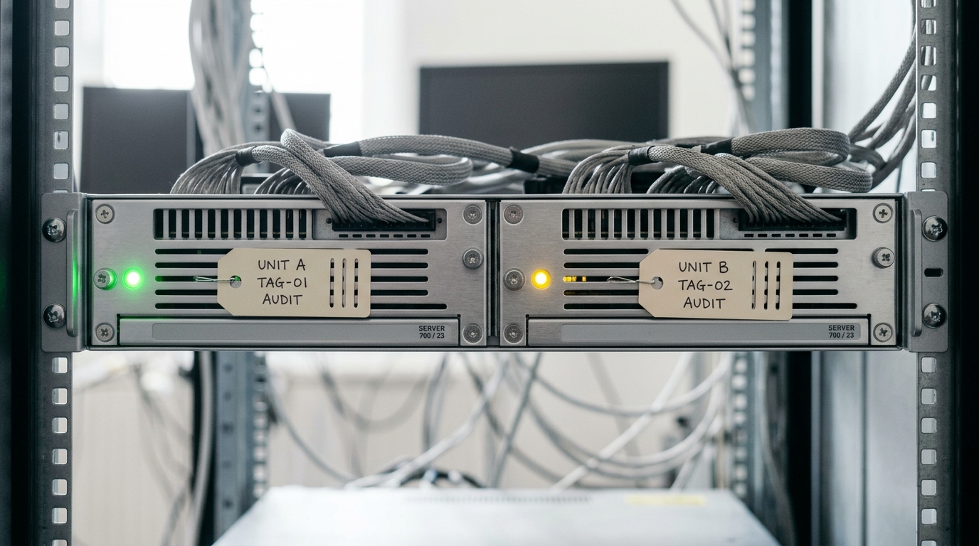 A trained-checkpoint blade and a random-initialised control blade racked side by side in identical bays, a small tag the only visible difference between them