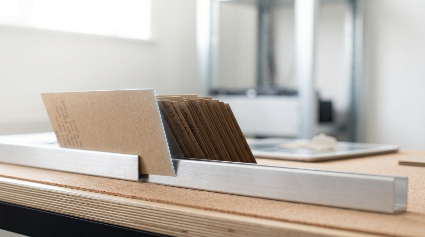 A rail-mounted index-card holder on a hypothesis-scoping desk, one card sliding into place with a fan of alternative cards leaning behind it