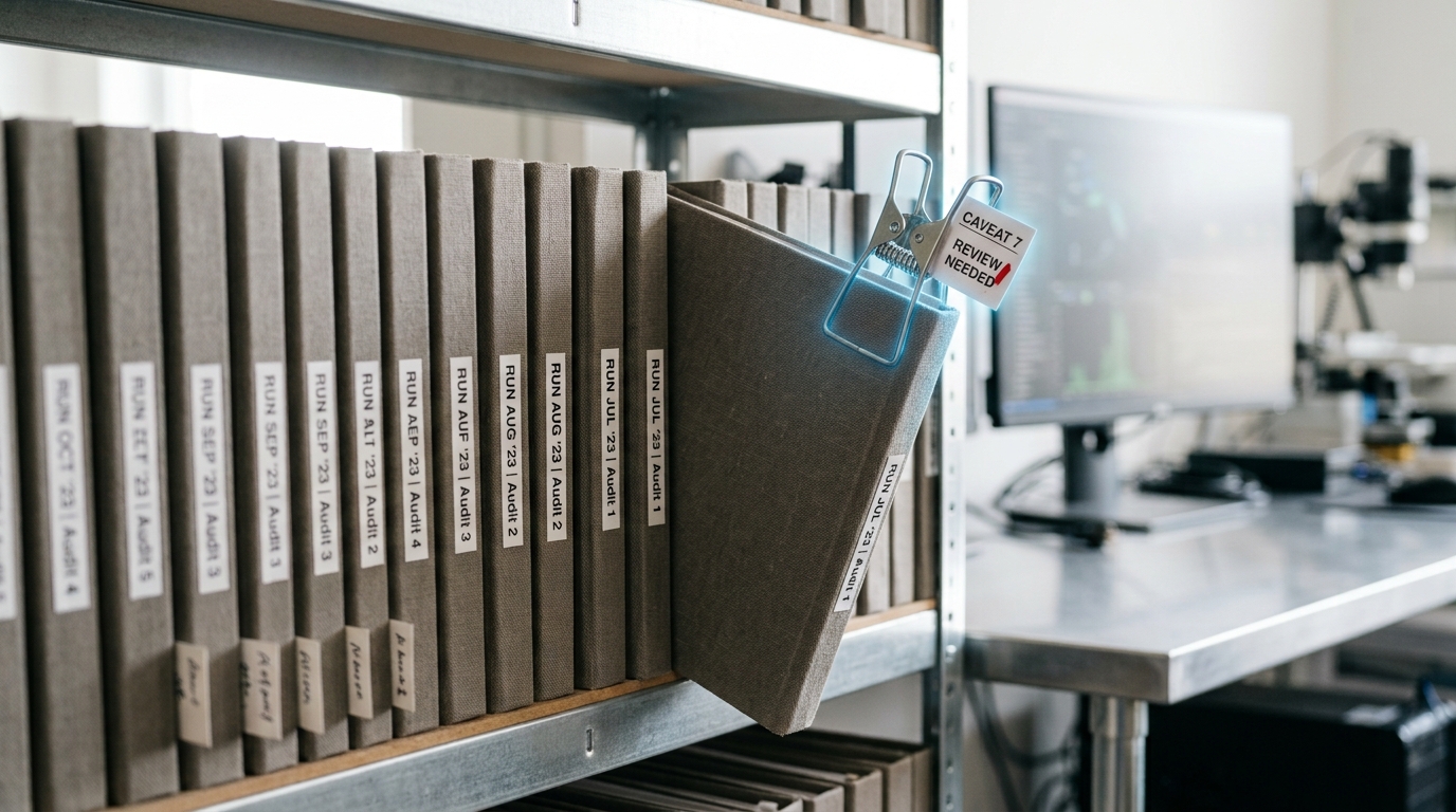 An archive shelf of dated replicate-run report folders, the most recent one pulled part-way out with a caveat flag caught mid-clip onto its edge