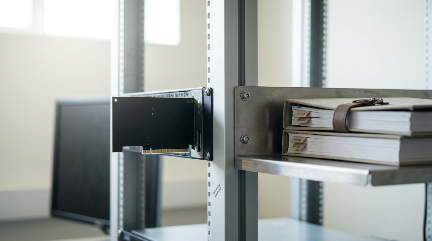 A steering-control card being racked into a live serving node while a stack of sealed audit-finding binders sits closed and untouched on a shelf beside the rack