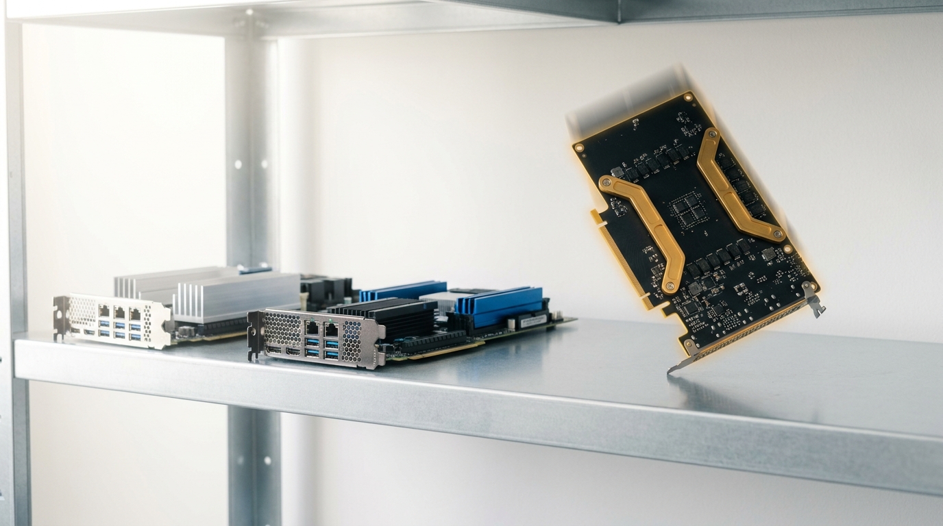 A shelf holding three visibly distinct accelerator boards side by side, representing three different architectural bets, one caught being placed at the end of the row