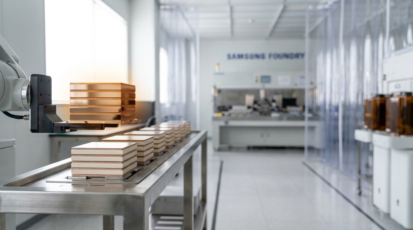 A packaged 2nm test chip on a characterization board in a bright lab, set apart on its own stand away from an unrelated rack of memory modules in the background, the separation between the two deliberate