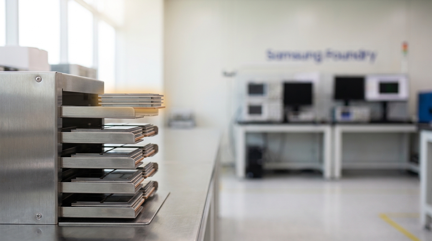 A rack of finished Samsung HBM stacks in a bright fab, physically separated by an aisle from an unrelated Samsung Foundry test-chip bench visible in the background