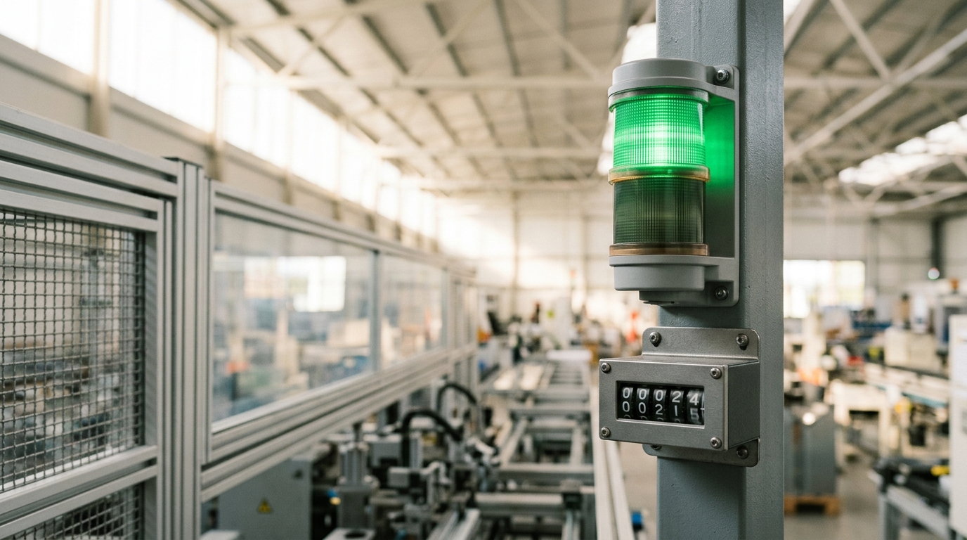 An andon stack light mounted above the automated line caught mid-change from amber to green, its lens only half-illuminated, with a small mechanical cycle-count board beside it whose lowest digit wheel is caught turning between two figures