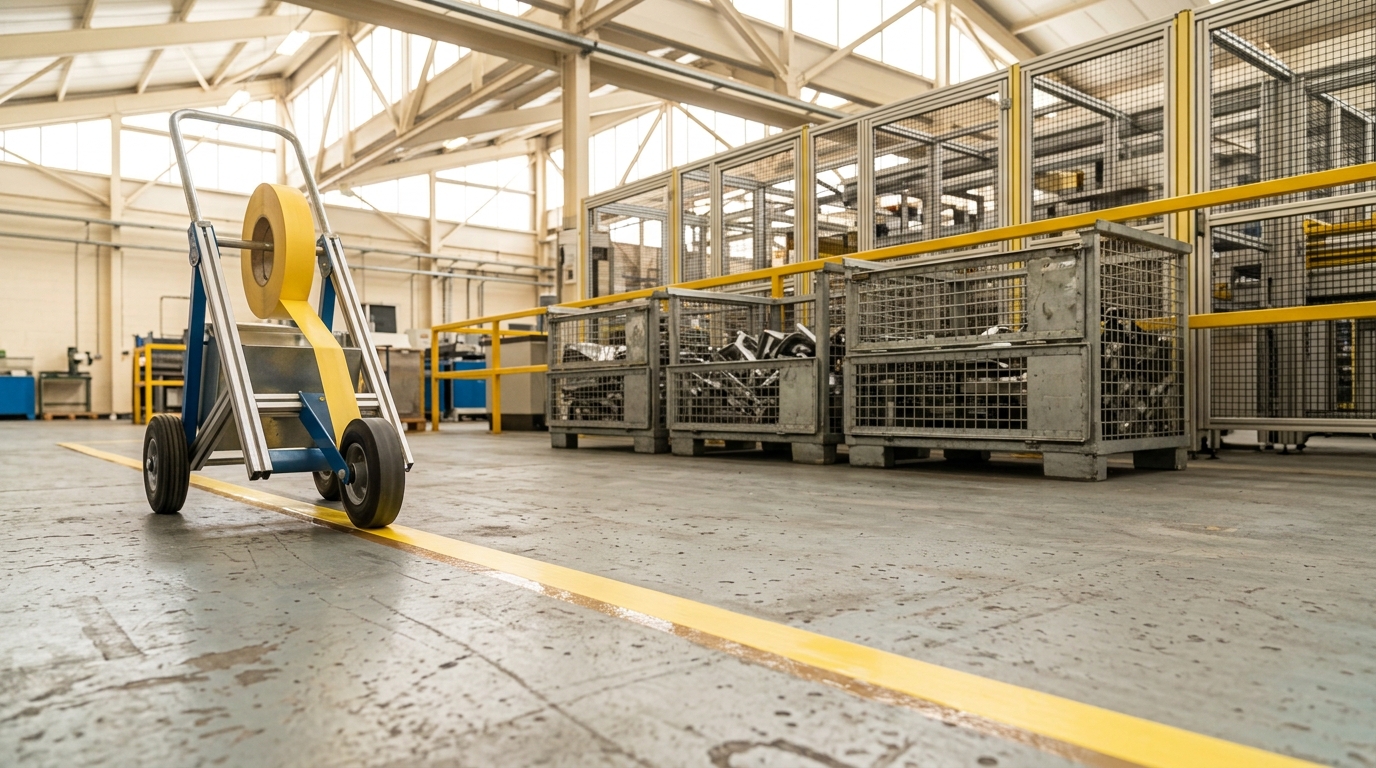 A wheeled floor-marking cart mid-stroke laying a fresh strip of yellow boundary tape to enlarge the automated line's staging bay, its wet leading edge still catching the light, while a length of the manual line's old boundary tape is peeled back and curling at one corner nearby